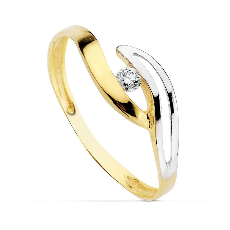 18K SORTIJA ORO BICOLOR CON ONDAS Y CIRCONITA. ANCHO: 6 MM