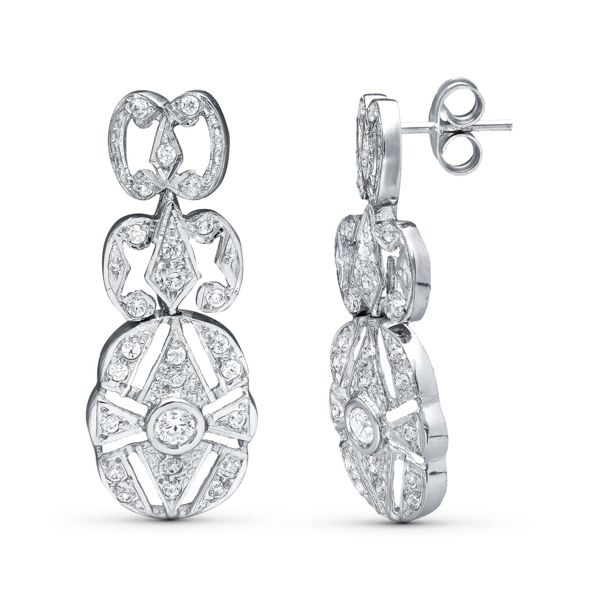 18K PENDIENTES TRES CUERPOS ORO BLANCO 30X11 MM CIERRE PRESION