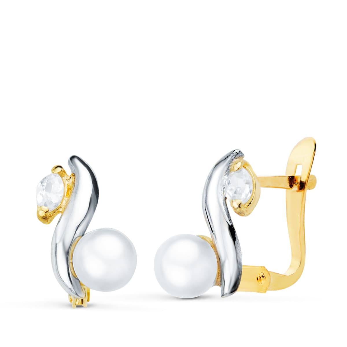 Pendientes Bicolor Bandas y Perla de 4,5 mm Medida 10 x 7 mm catalán 18K