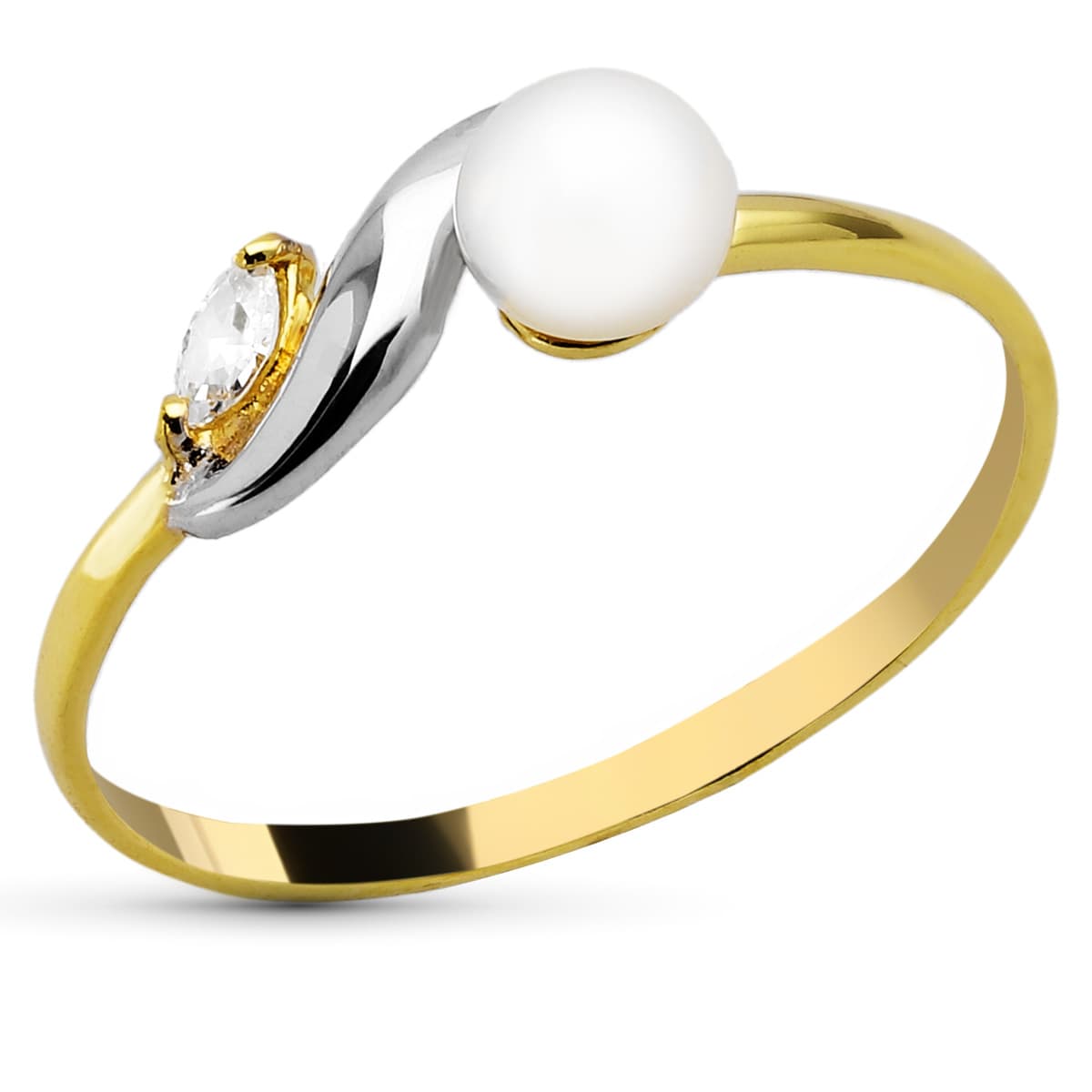 Sortija Bicolor con Perla 4,5 mm y Circonita Marquise. Ancho: 6 mm 18K