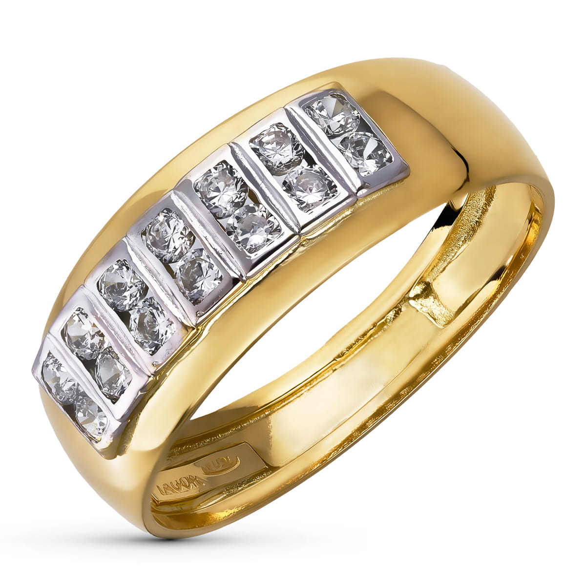 18K SORTIJA ORO BICOLOR BRILLO CON CIRCONITAS. ANCHO: 7 MM