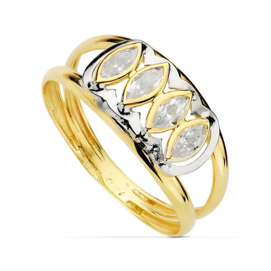 9K SORTIJA ORO BICOLOR DOBLE CUERPO CON CIRCONITAS MARQUIS. ANCHO: 8 MM