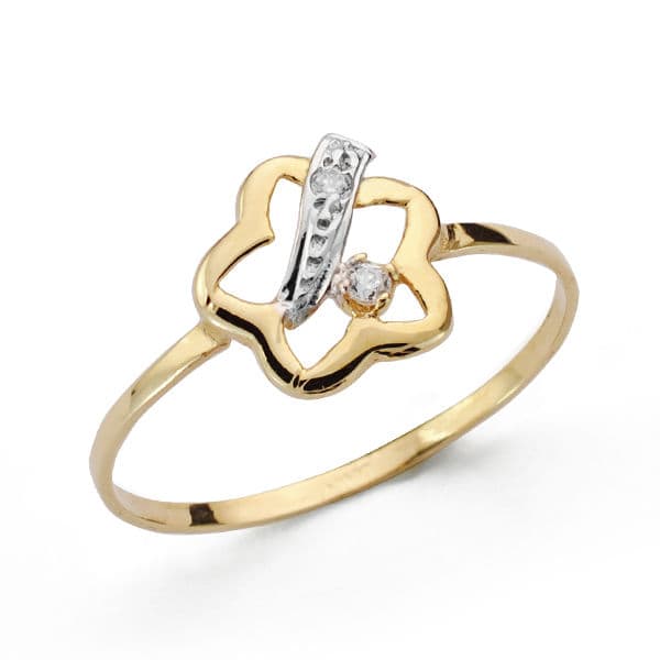 18K SORTIJA ORO BICOLOR CON FLOR Y CIRCONITAS. ANCHO: 9,5 MM