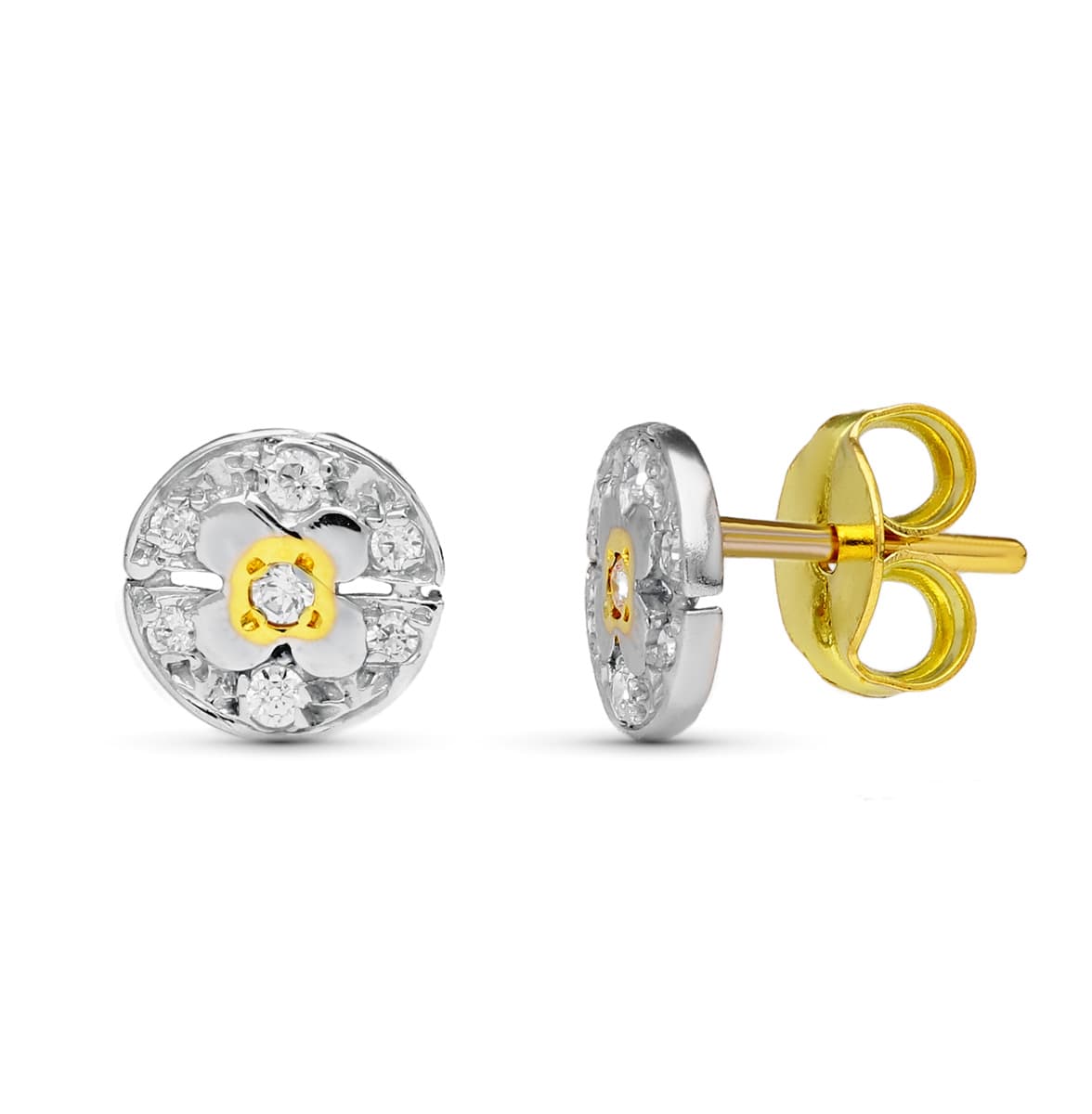 18K PENDIENTES ORO BICOLOR CIRCONITA 8 MM CIERRE PRESION