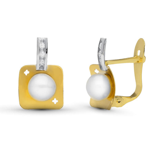 18K PENDIENTES ORO BICOLOR PERLA 12X8 MM CIERRE CATALAN