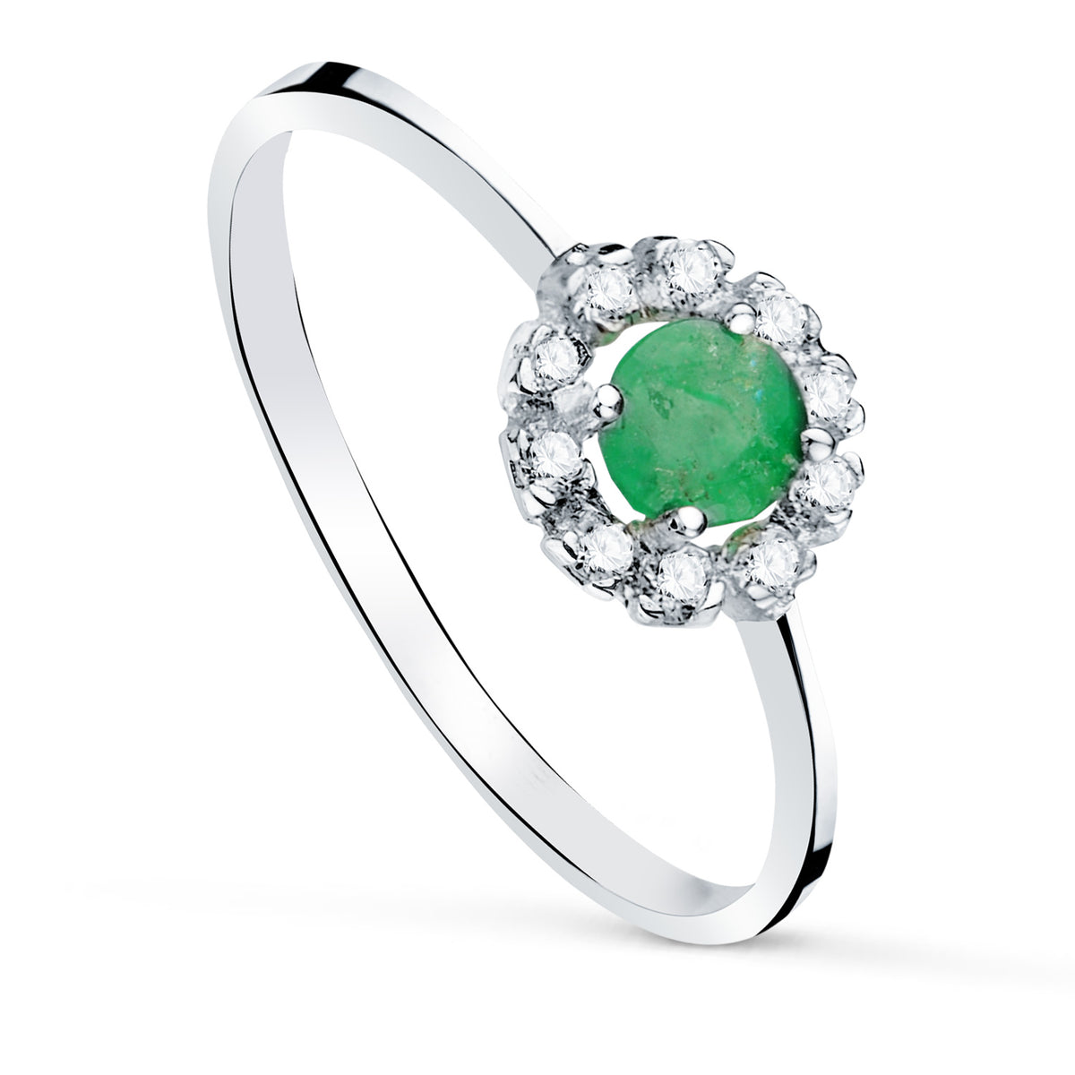 Sortija con Esmeralda 4 mm y 0,26 Qtes y Circonitas. Cuajo 7 X 7 M de oro blanco 18K