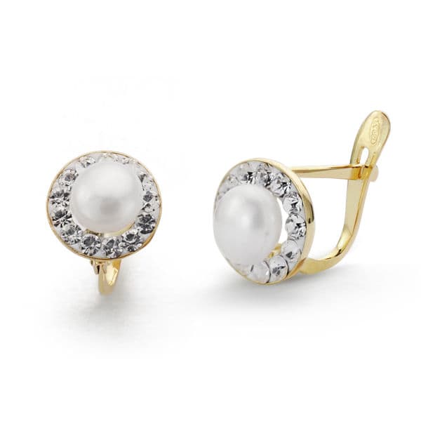18K PENDIENTES ORO BICOLOR COMUNION PERLA Y CIRCONITA 8 MM CIERRE CATALAN