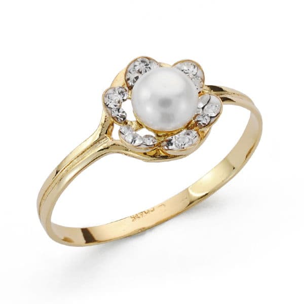 18K SORTIJA ORO AMARILLO FLOR CON PERLA Y CIRCONITA. ANCHO: 8 MM