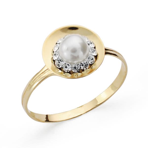 18K SORTIJA ORO AMARILLO MOTIVO REDONDO CON PERLA 4,5 MM Y CIRCONITAS. ANCHO: 10 MM