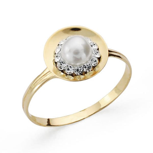 18K SORTIJA ORO AMARILLO MOTIVO REDONDO CON PERLA 4,5 MM Y CIRCONITAS. ANCHO: 10 MM
