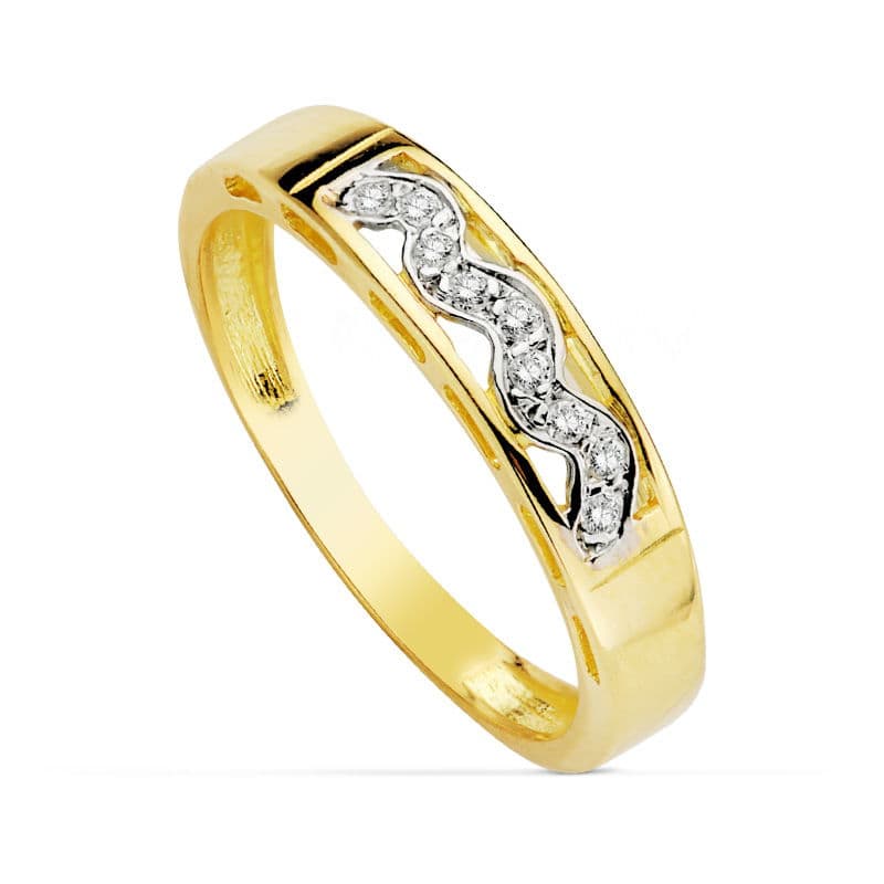 18K SORTIJA ORO BICOLOR MACIZA CALADA CON CIRCONITA. ANCHO: 4 MM