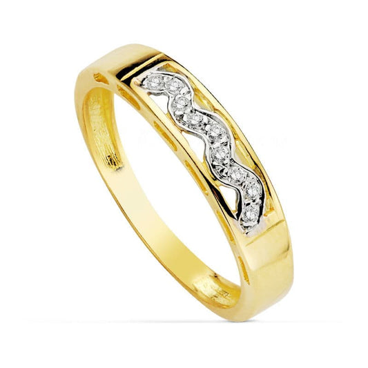 18K SORTIJA ORO BICOLOR MACIZA CALADA CON CIRCONITA. ANCHO: 4 MM