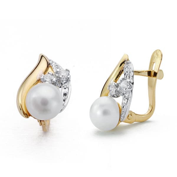 Pendientes Bicolor Comunion. Perla Circonita 12 x 7 mm 18K