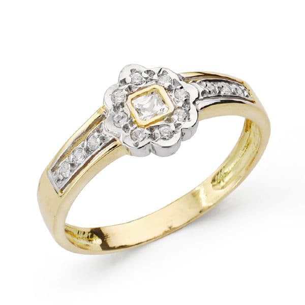 18K SORTIJA ORO BICOLOR FLOR CON CIRCONITAS. ANCHO: 7,5 MM