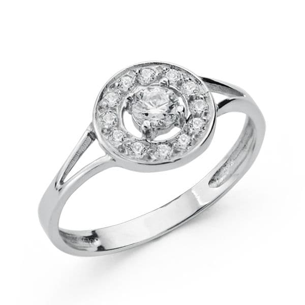Sortija Motivo Redondo con Circonitas. Ancho: 8,5 mm de oro blanco 18K