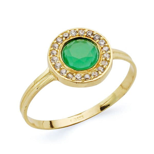 18K SORTIJA ORO AMARILLO REDONDO CON CIRCONITAS Y PIEDRA VERDE. MEDIDA: 9 MM
