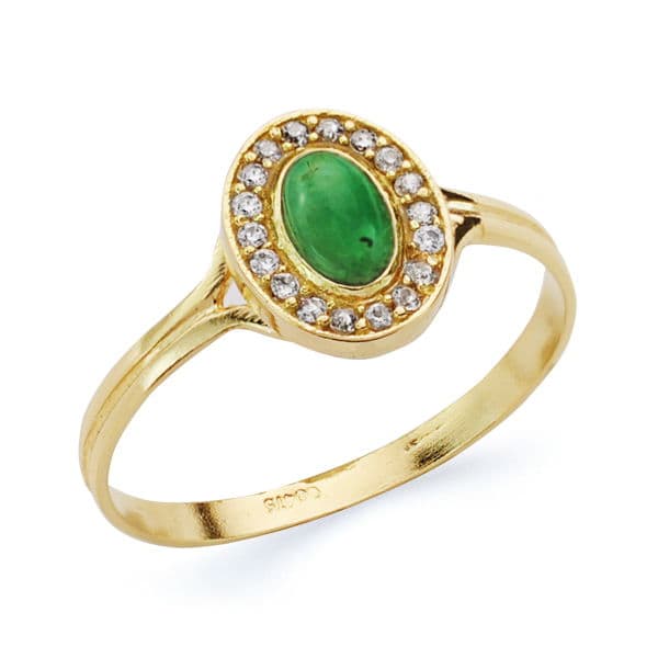 Sortija Oval con Circonitas y Piedra Verde. Medida: 9 x 7 mm de oro amarillo 18K