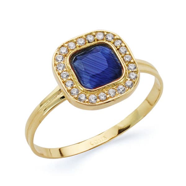 18K SORTIJA ORO AMARILLO CUADRADO CON CIRCONITAS AZULY BLANCAS. ANCHO: 9 MM