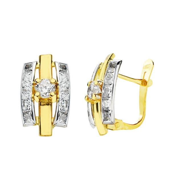 Pendientes Bicolor Circonita 13 x 7 mm 18K