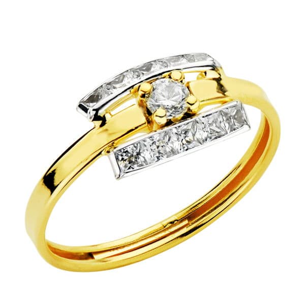 18K SORTIJA ORO BICOLOR CON BANDAS LATERALES Y CIRCONITAS EN CARRIL. ANCHO: 7,5 MM