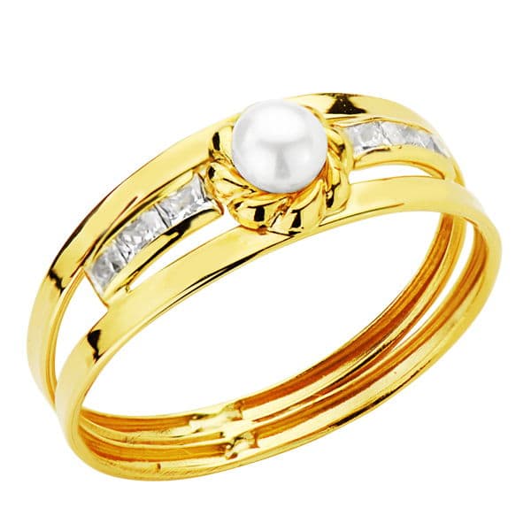 Sortija Doble Cuerpo con Perla de 3 mm y Circonitas en Carril. Ancho: 6 mm de oro amarillo 18K