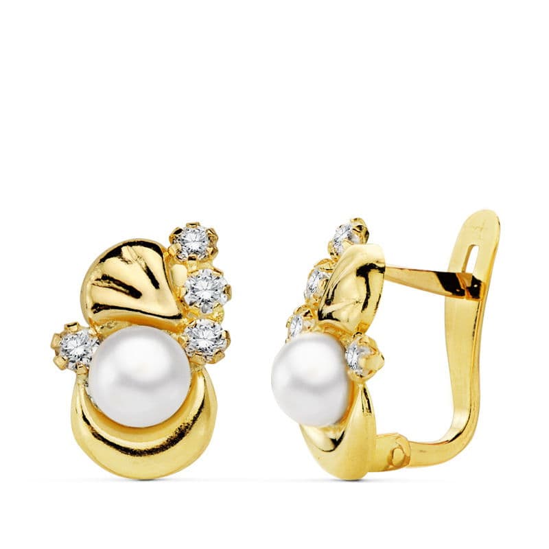 Pendientes Perla y Circonita 12 x 8 mm de oro amarillo 18K