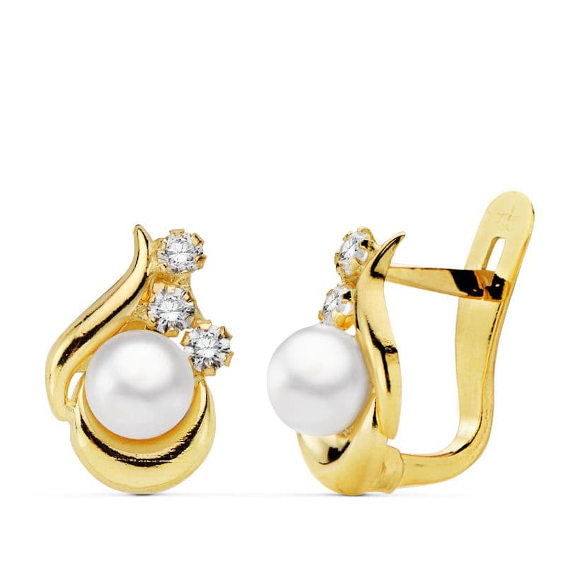 Pendientes Perla y Circonita 11 x 8 mm de oro amarillo 18K