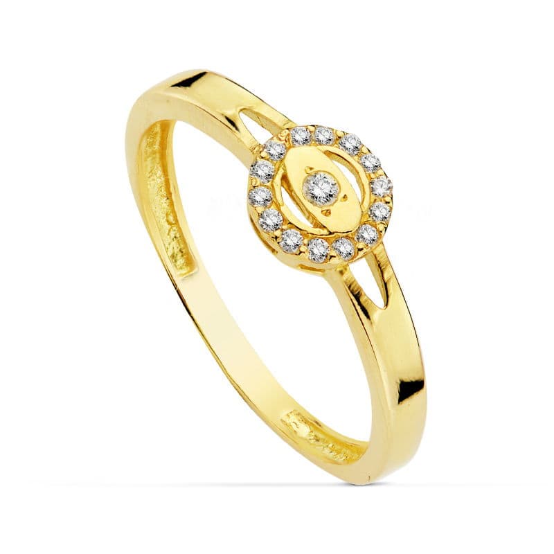 Sortija Calada Motivo Redondo con Circonitas. Ancho: 6 mm de oro amarillo 18K