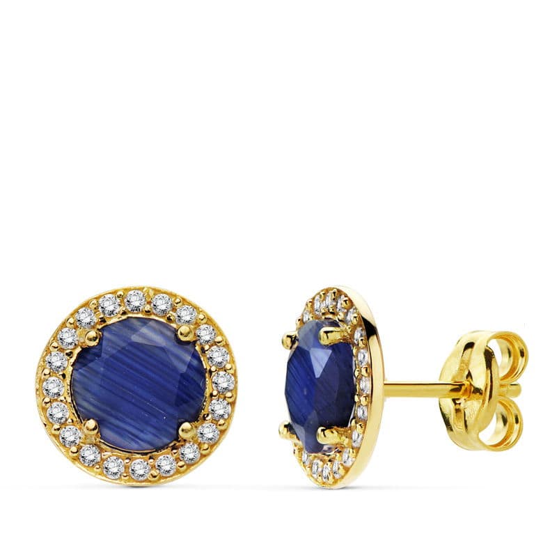 Pendientes Piedra Azul Circonita 9 mm de oro amarillo 18K