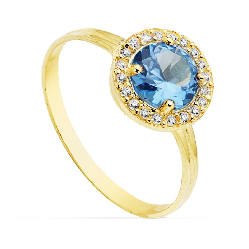 Sortija Motivo Redondo 9 mm Piedra Azul 6 mm de oro amarillo 18K