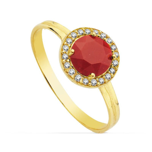 18K SORTIJA ORO AMARILLO MOTIVO REDONDO CIRCONITA ROJA 6 MM. ANCHO: 9 MM
