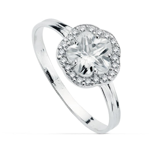 18K SORTIJA ORO BLANCO CON FLOR Y CIRCONITAS. ANCHO: 9 MM