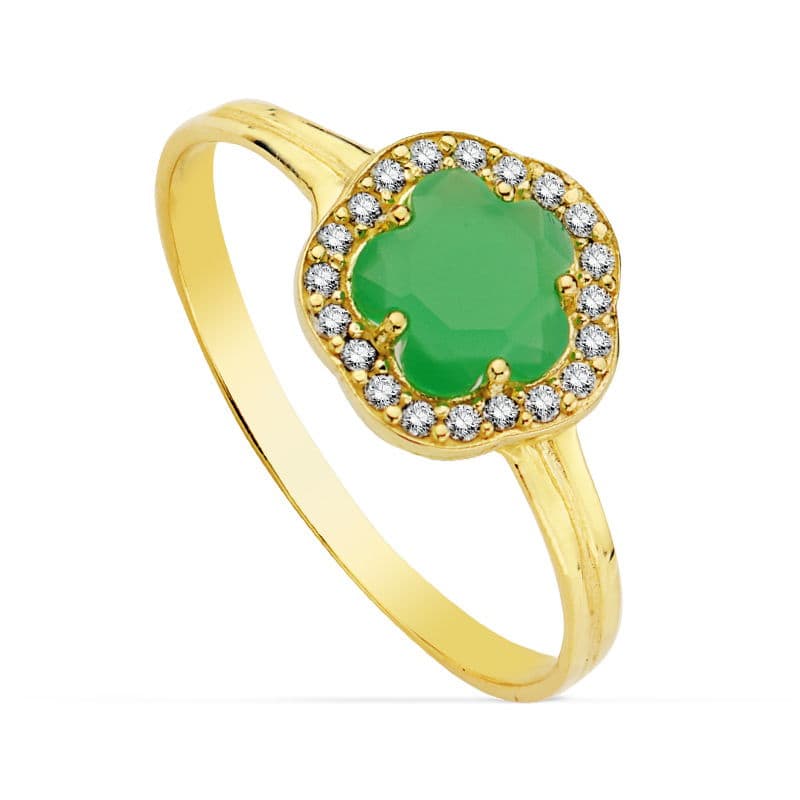 9K SORTIJA ORO AMARILLO CON ESTRELLA Y CIRCONITA VERDE. ANCHO: 9 MM