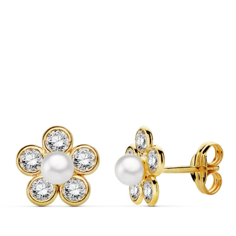Pendientes Flor Circonita 9 x 9 mm de oro amarillo 18K