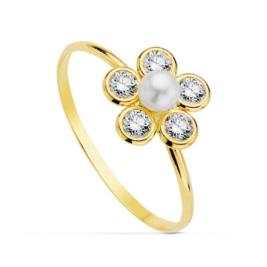 18K SORTIJA ORO AMARILLO FLOR CIRCONITAS CON PERLA DE 3MM. ANCHO: 9X9 MM