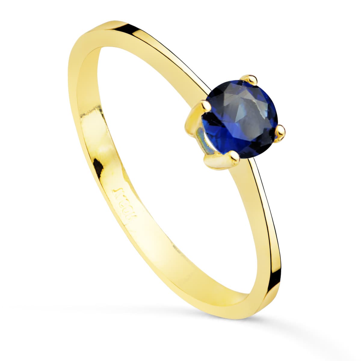 Solitario con Circonita Azul 4 Garras de 5 mm de oro amarillo 18K