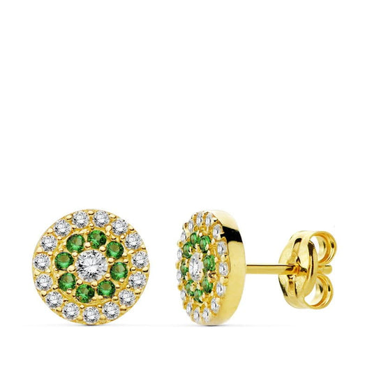 9K PENDIENTES CIRCONITAS BLANCAS Y VERDES 7MM CIERRE PRESION