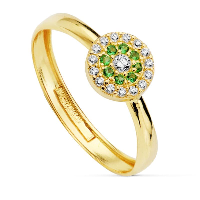 18K SORTIJA ORO AMARILLO CON CIRCONITAS BLANCAS Y VERDES. ANCHO: 7 MM