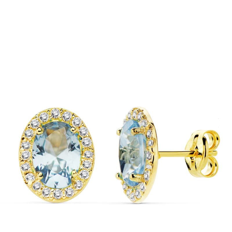 18K PENDIENTES ORO AMARILLO PIEDRA AZUL CLARO OVAL CIRCONITA 10X8 MM