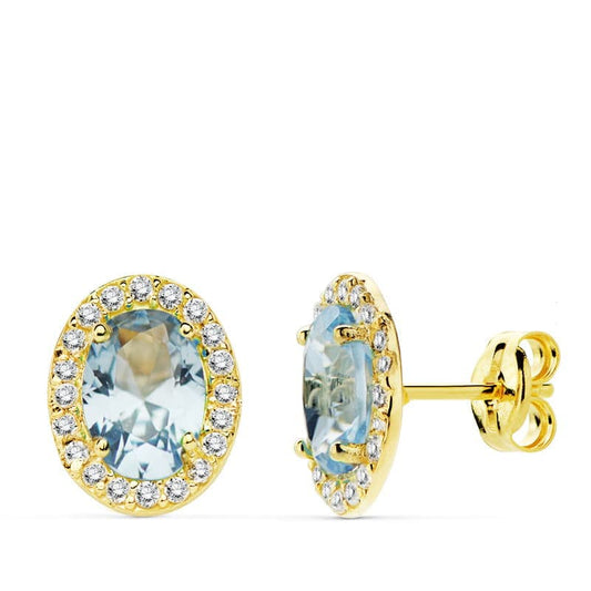 18K PENDIENTES ORO AMARILLO PIEDRA AZUL CLARO OVAL CIRCONITA 10X8 MM