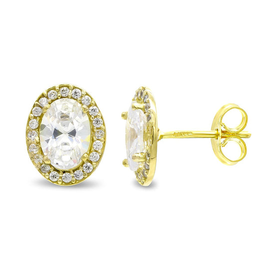 18K PENDIENTES ORO AMARILLO OVAL CIRCONITA 10X8 MM CIERRE PRESION