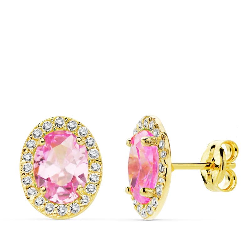 Pendientes Piedra Rosa Oval Circonita 10 x 8 mm de oro amarillo 18K