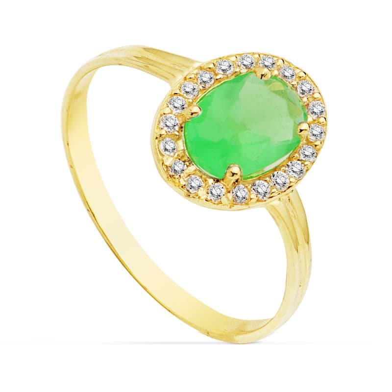Sortija Circonita Verde Oval 7 x 5 mm. Ancho: 10 mm de oro amarillo 18K