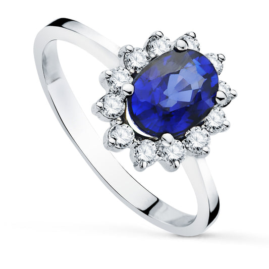 18K SORTIJA ORO BLANCO ZAFIRO 8X6 MM 1,63 QT. DIAMANTES 0,42 QT VS2-G.