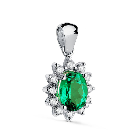 18K COLGANTE ORO BLANCO ESMERALDA RECRIZTALIZADA 8X6 MM 1,10 QT. 14 DIAMANTES LABORATORIO 0,42 QTS VS2-G. 12,5 X 11 MM