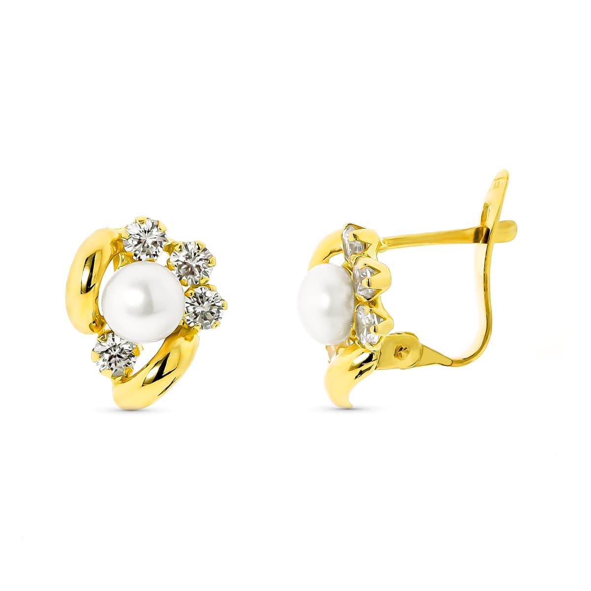 Pendientes Perla 5 mm y Circonita de oro amarillo 18K