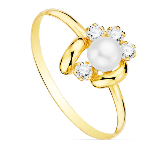 18K SORTIJA ORO AMARILLO COMUNION FLOR 11X9 MM ANCHO CUERPO 1.2 MM PERLA 5 MM