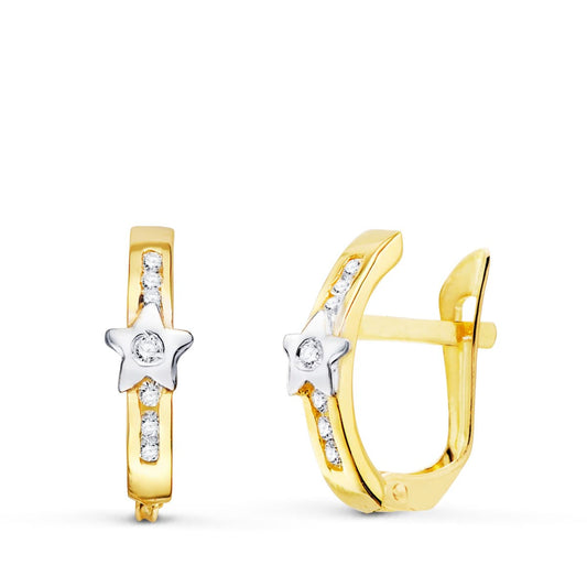 18K PENDIENTES ORO BICOLOR ESTRELLAS Y CIRCONITA 13X3 MM CIERRE CATALAN