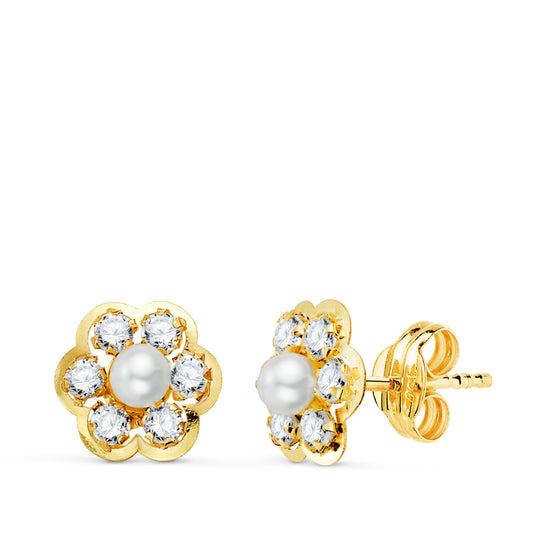 18K PENDIENTES ORO AMARILLO FLOR CON PERLAS 3MM Y CIRCONITAS 8,5 MM. CIERRE PRESION