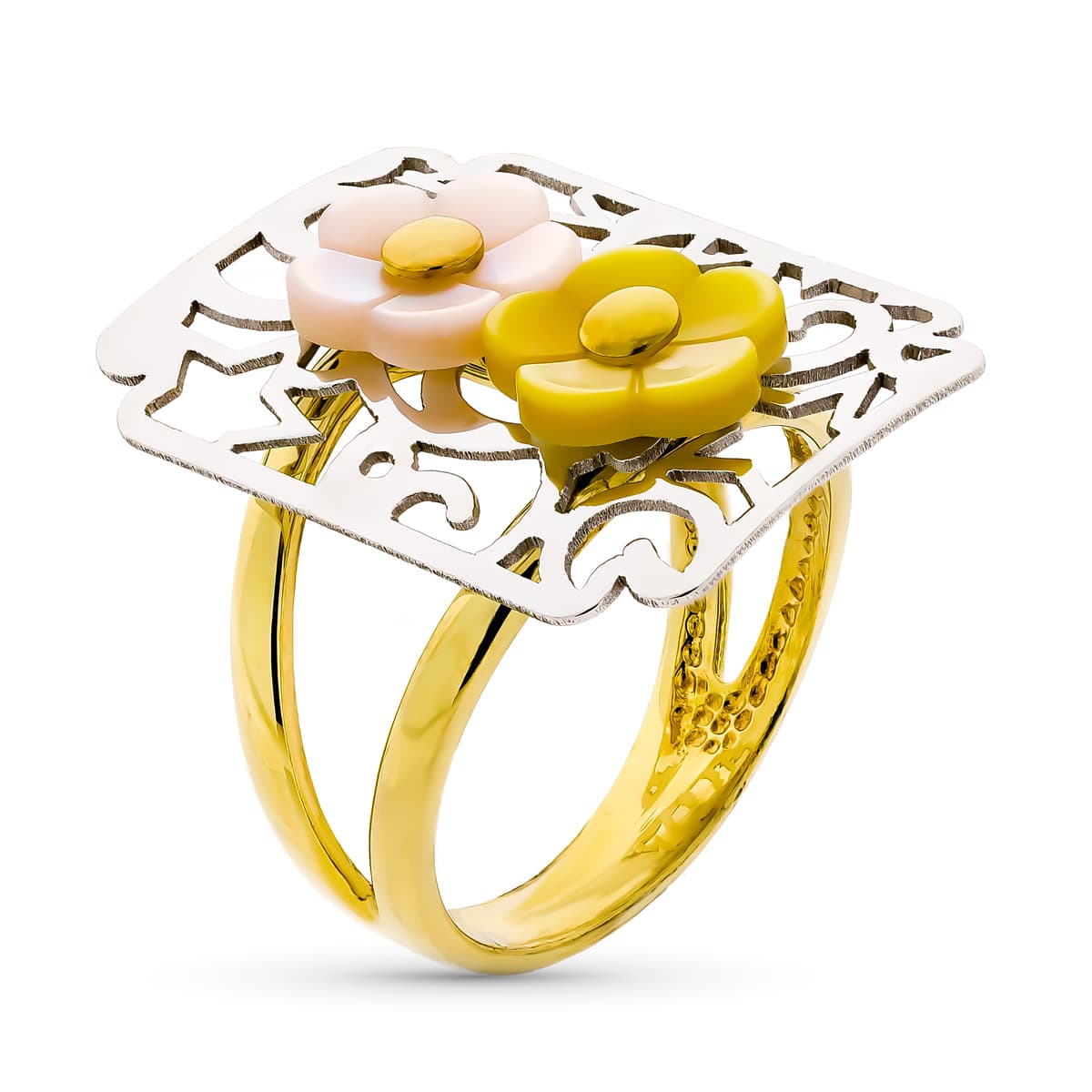 18K SORTIJA ORO BICOLOR RECTANGULAR CON FLORES Y MARIPOSA. MEDIDA: 25X18MM